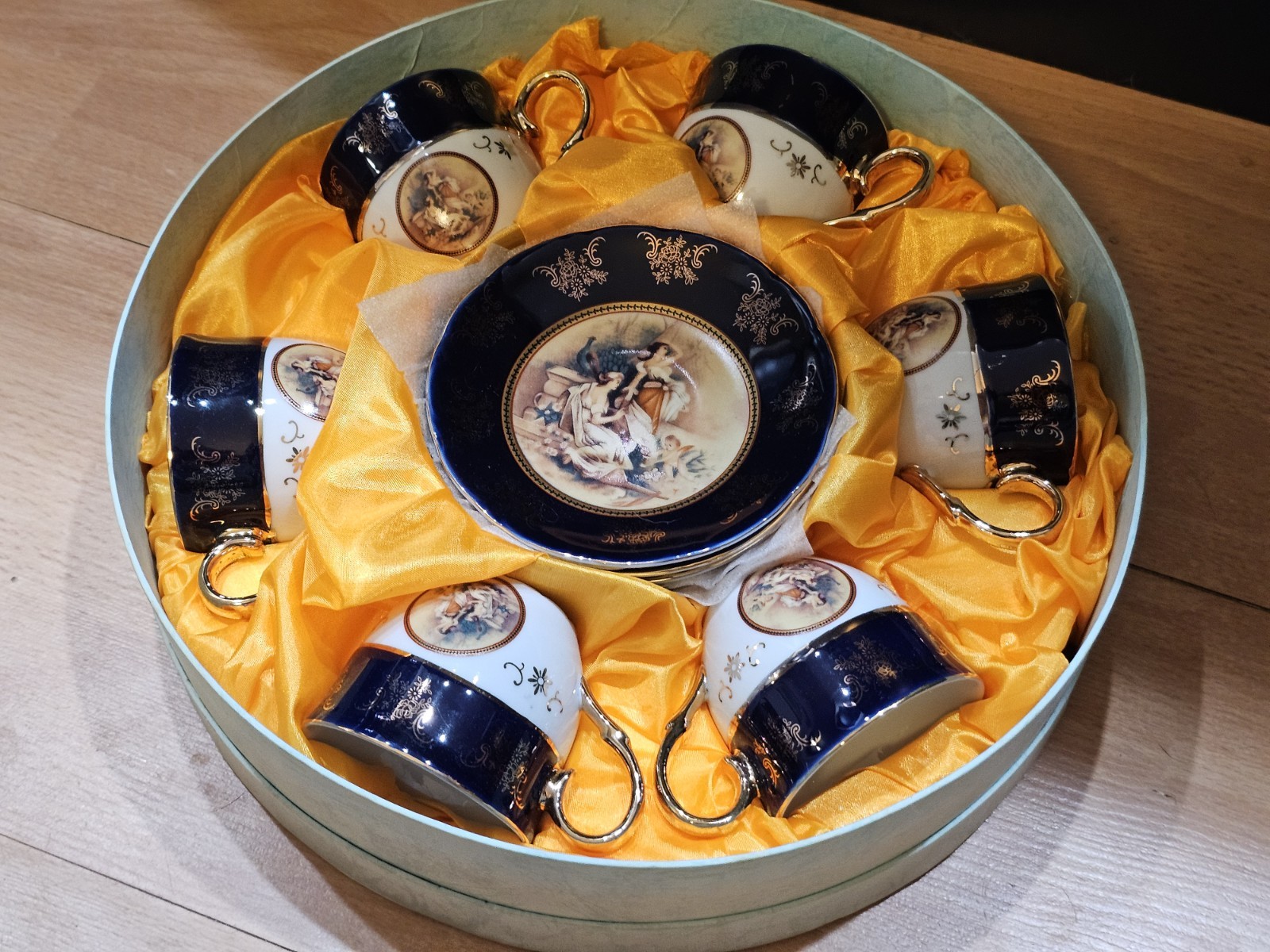 Original Cobalt Blue Handmade Fine Porcelain Gold Guilded Demitasse Tea Set NOS Original Cobalt Blue Handmade Fine Porcelain Gold Guilded Demitasse Tea Set NOS