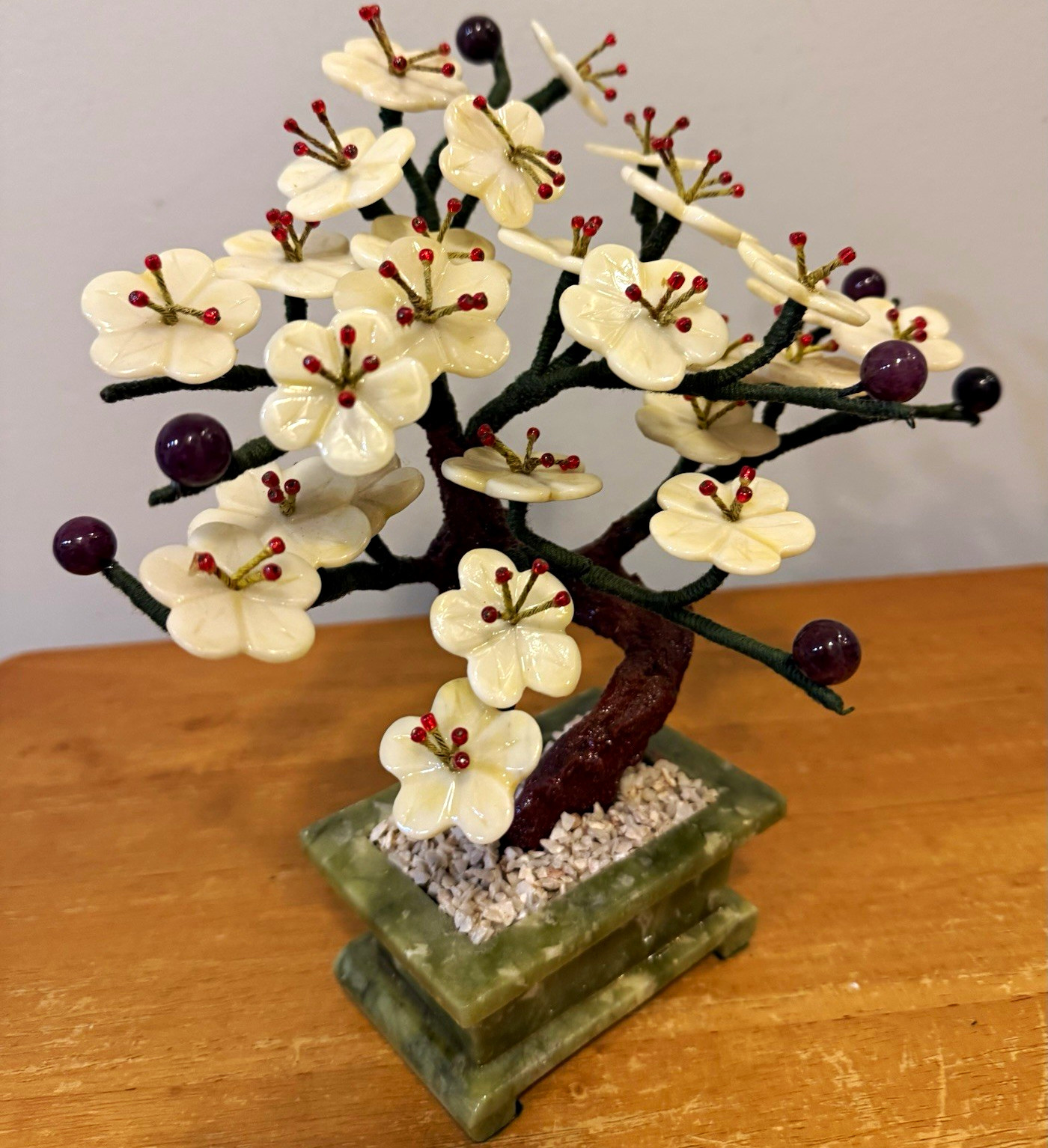 Vintage Chinese Jade Glass Bonsai Tree White Cherry Blossom Celadon Stone Pot 9\