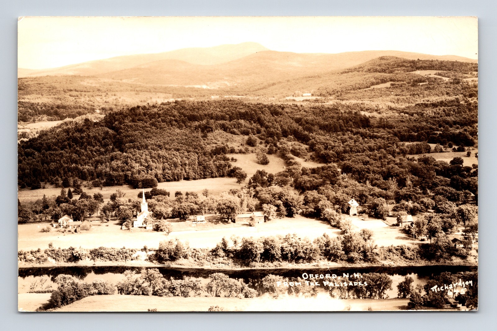 RPPC Aerial View Town River Church Orford New Hampshire NH Real Photo Postcard
