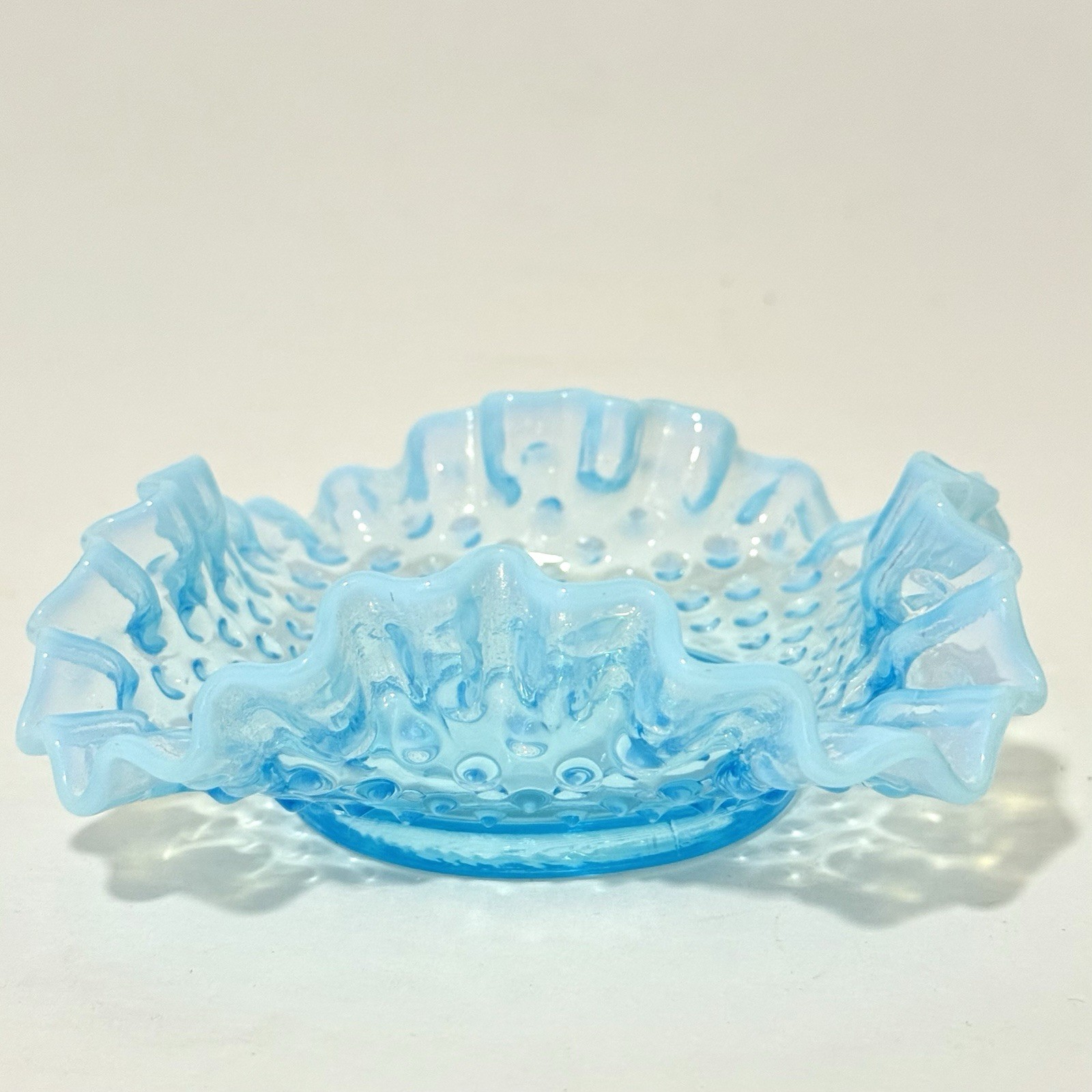 Mid Century Vintage Fenton Blue Opalescent Hobnail Dish Aqua Blue Gradient Glass