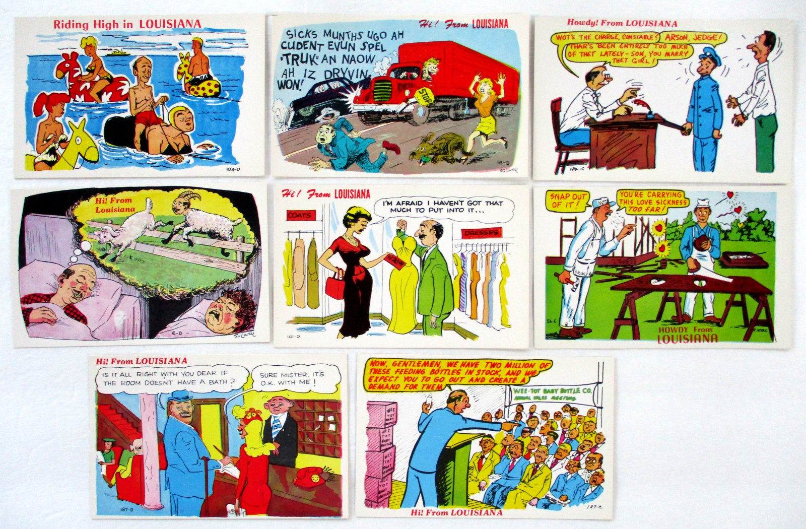 Hi From Louisiana Postcards Lot (8) Laff Gram Vintage Humor Cartoons Unused