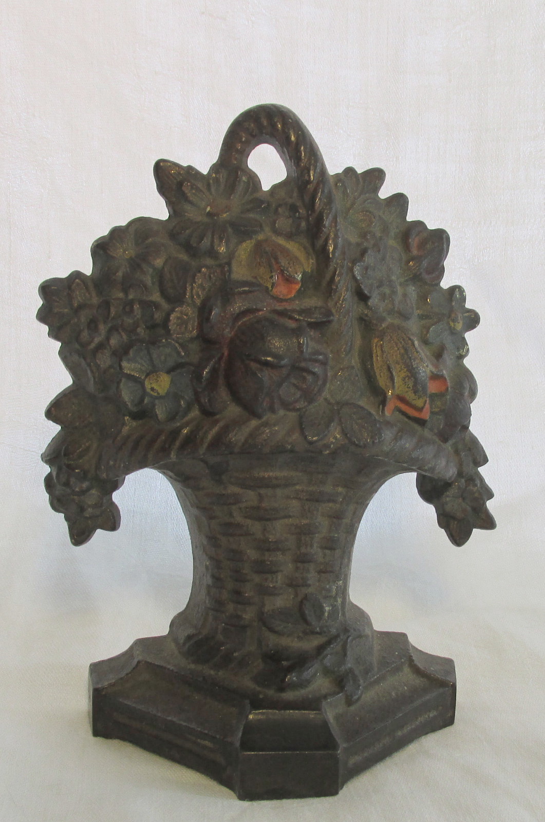 Antique Cast Iron Hubley Miniature Small Door Stop Flowers in Handled Basket Antique Cast Iron Hubley Miniature Small Door Stop Flowers in Handled Basket