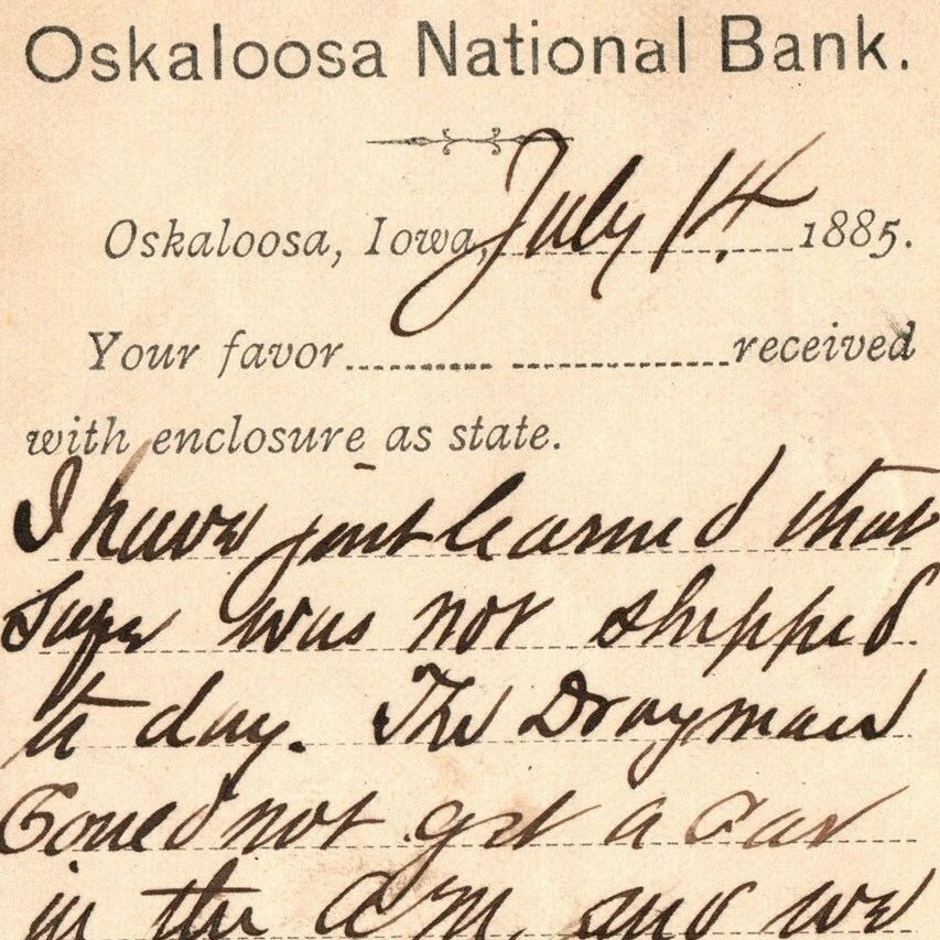 1885 Oskaloosa, IA National Bank Receipt Postal Card Drayman Shipping Invoice