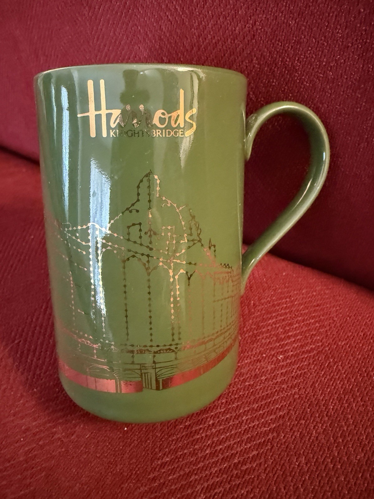 Harrods Knightsbridge Green & Gold Fine Stneware Coffee Mug Cup Made In Scotland Harrods Knightsbridge Green & Gold Fine Stneware Coffee Mug Cup Made In Scotland