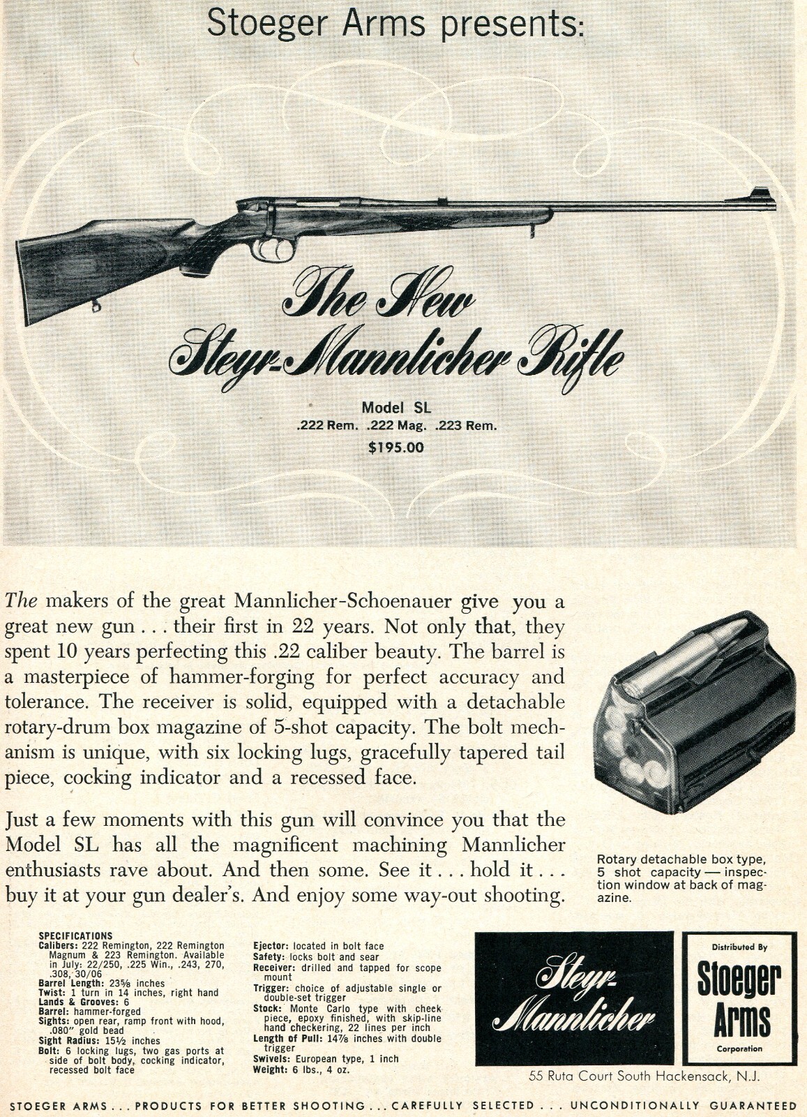 1968 Print Ad of Stoeger Arms Steyr Mannlicher Schoenauer Model SL Rifle