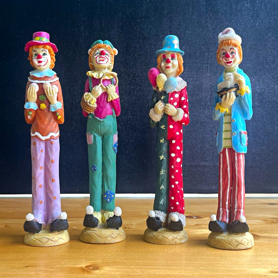 Vintage Tall Skinny Ceramic Clown Figurines Set of 4 Thin Colorful Circus VTG Vintage Tall Skinny Ceramic Clown Figurines Set of 4 Thin Colorful Circus VTG