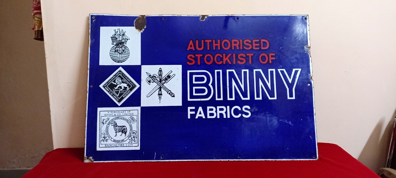 1950s Binny Fabrics Antique Vintage Advt Tin Enamel Porcelain Sign Board E49