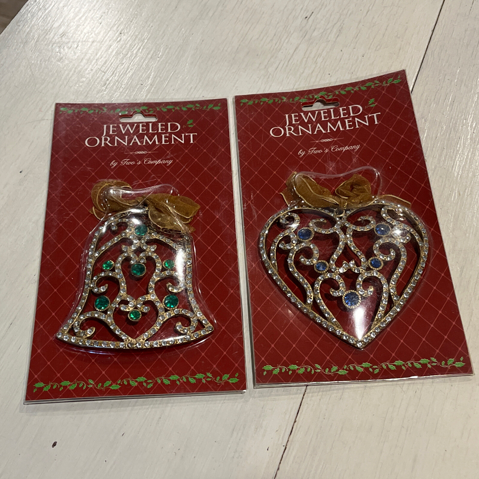 Two\'s Company Jeweled Ornaments Antique Bronze Filigree 2 New in box~heart-Bell