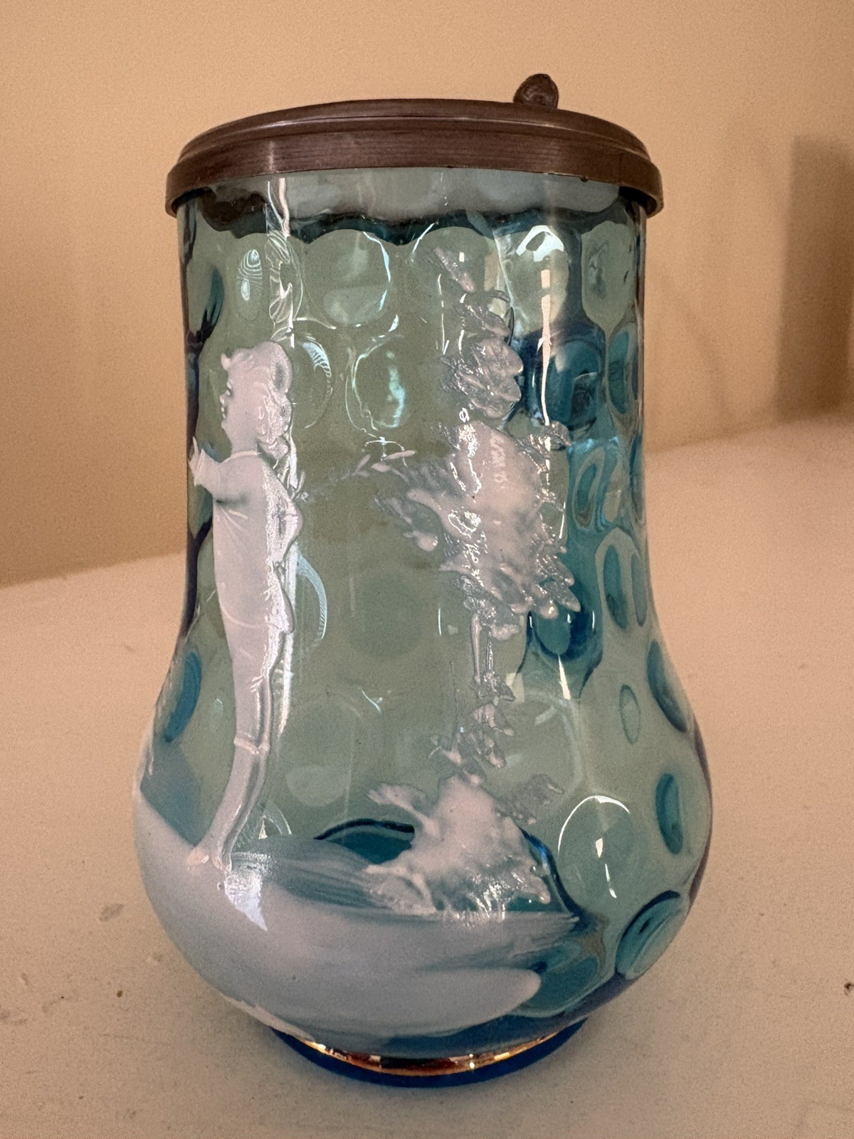 Vintage Mary Gregory Blue Glass Lidded Stein,Milk Glass Lid