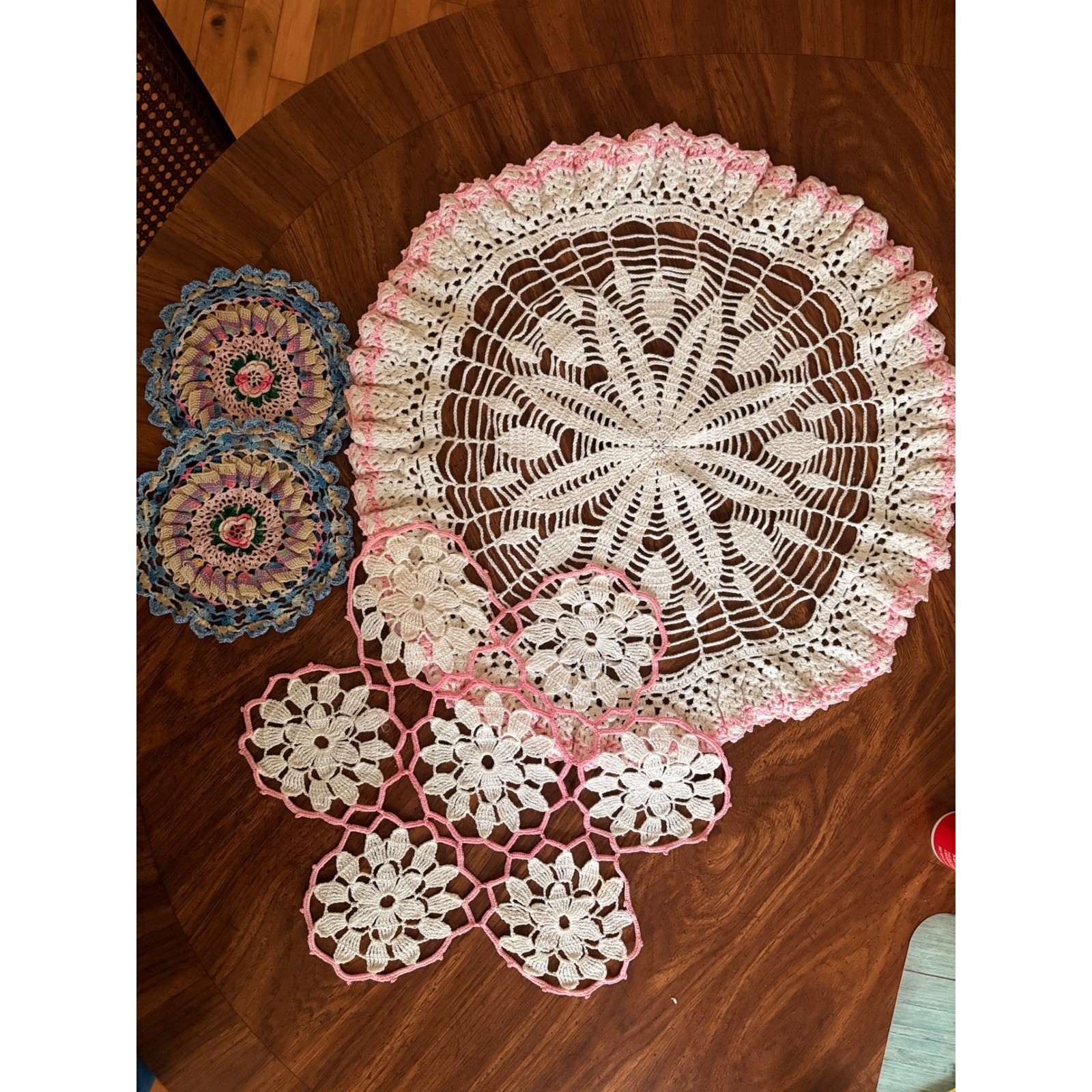 Vintage Handmade Crochet Doily Set 4pc Pink White Blue Floral Lace Cottagecore