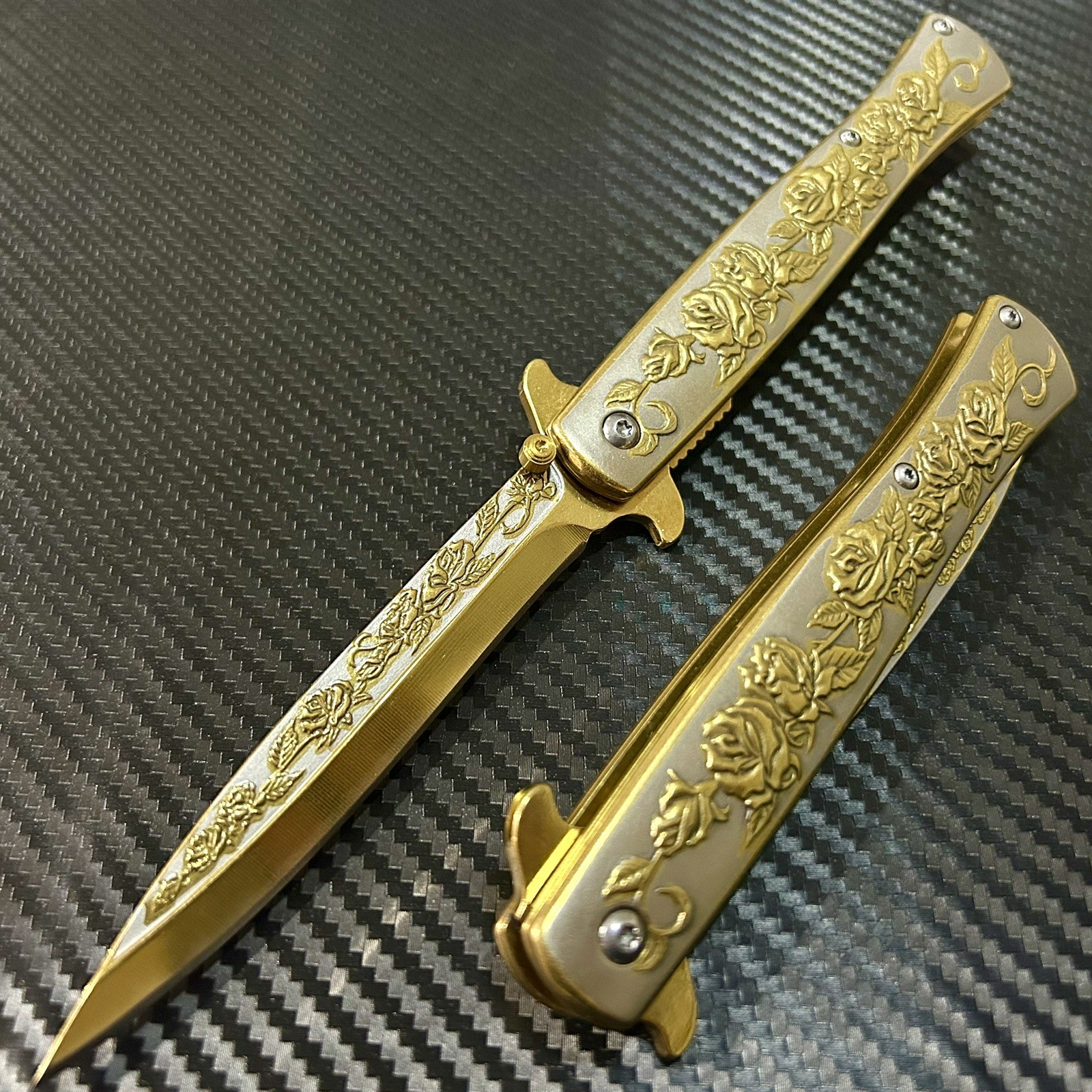 9” Gold Rose Tactical Spring Assisted Open Blade Folding Pocket Knife Hunting