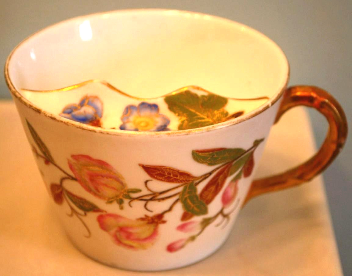 Antique ROYAL WORCESTER Porcelain Moustache Cup BLUSH IVORY Floral Gilt 1884