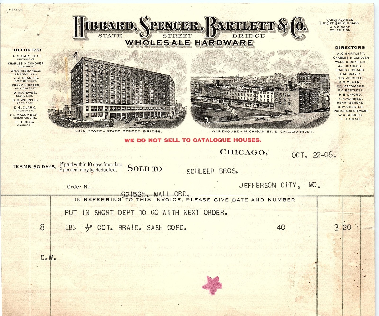 1906 Hibbard, Spencer, Bartlett & Co. Hardware Billhead