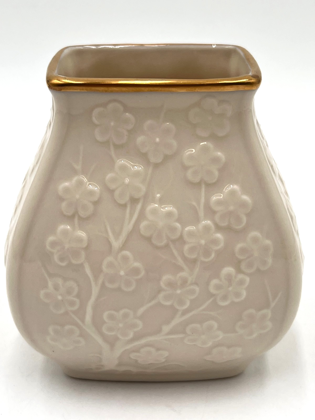 Lenox Cherry Blossom Vase Ivory Porcelain 24K Gold Trim Embossed Floral 4