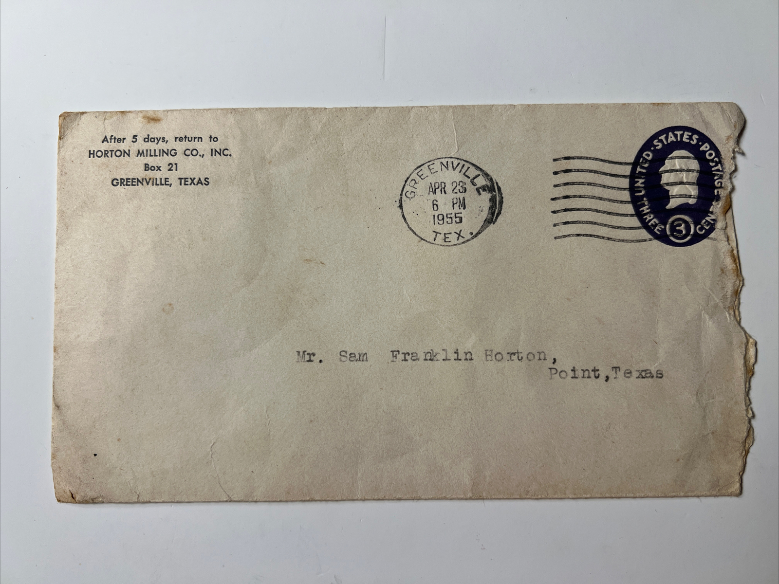1955 GREENVILLE TEXAS to Point HORTON MILLING CO inc Envelope