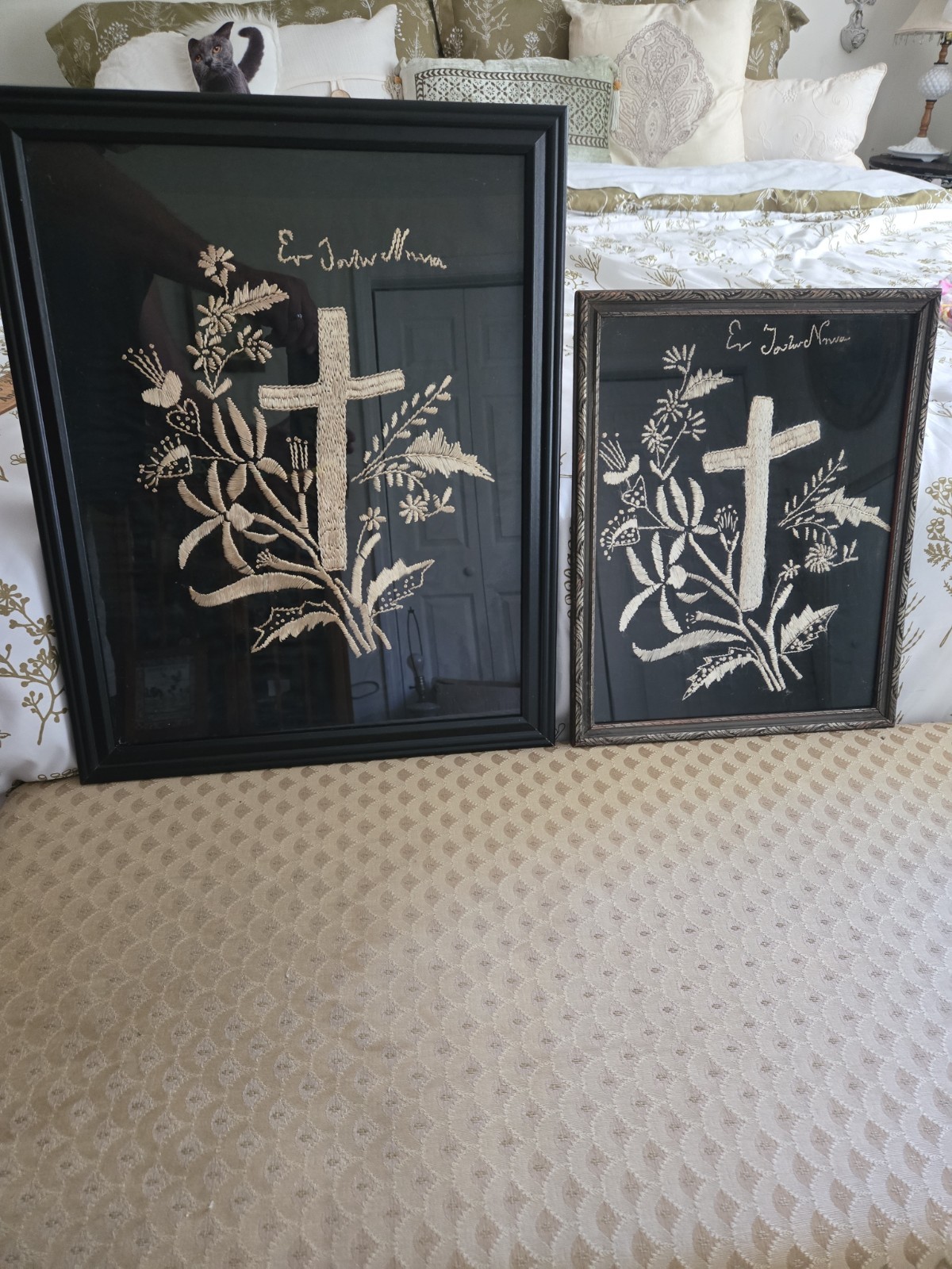 Antique Pair Of Hand Embroidered Religious Mourning / Memorial Cross Samplers