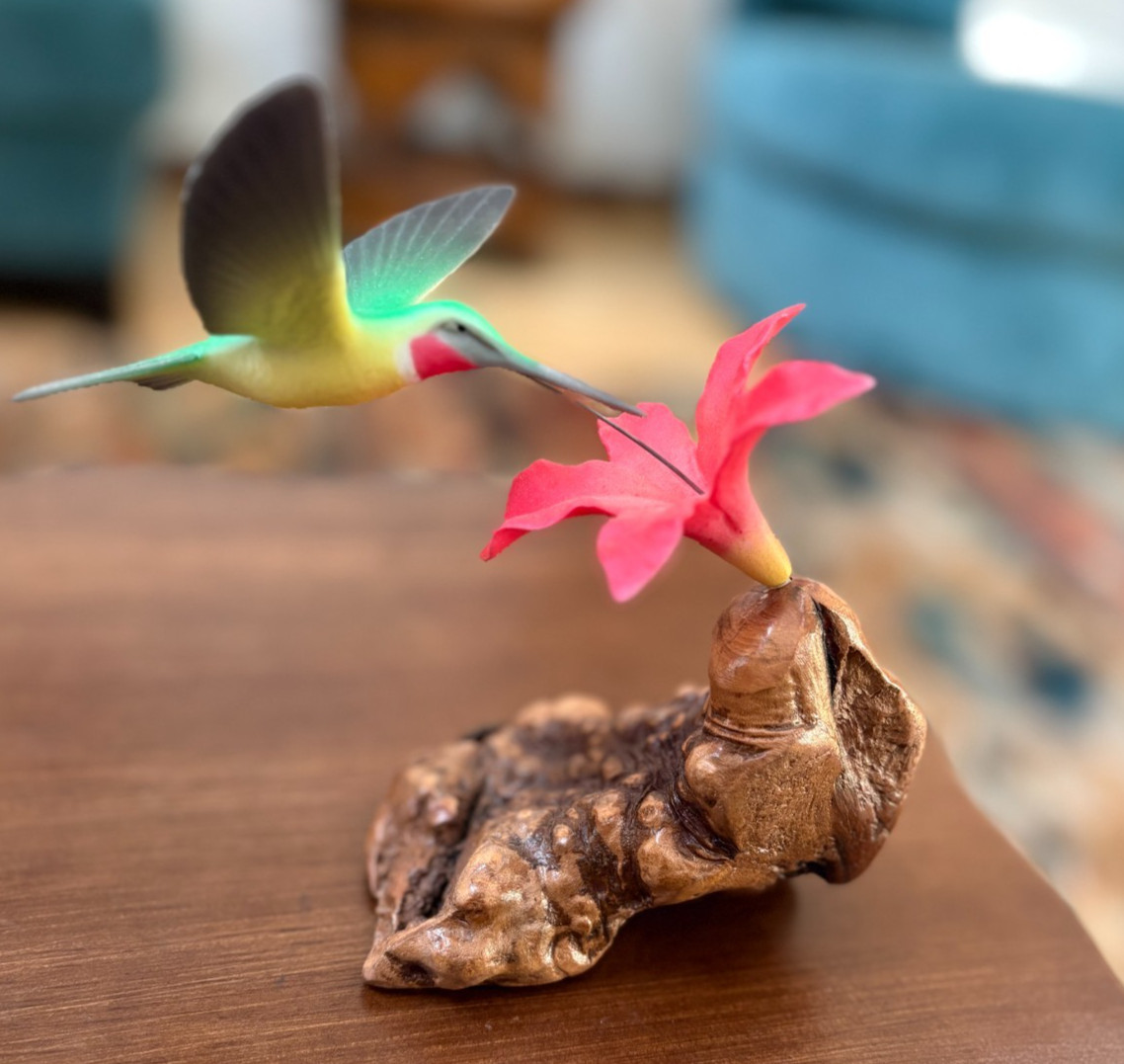 Hummingbird Sculpture Figurine on Red Flower on Burlwood, John Perry Studio, 7\
