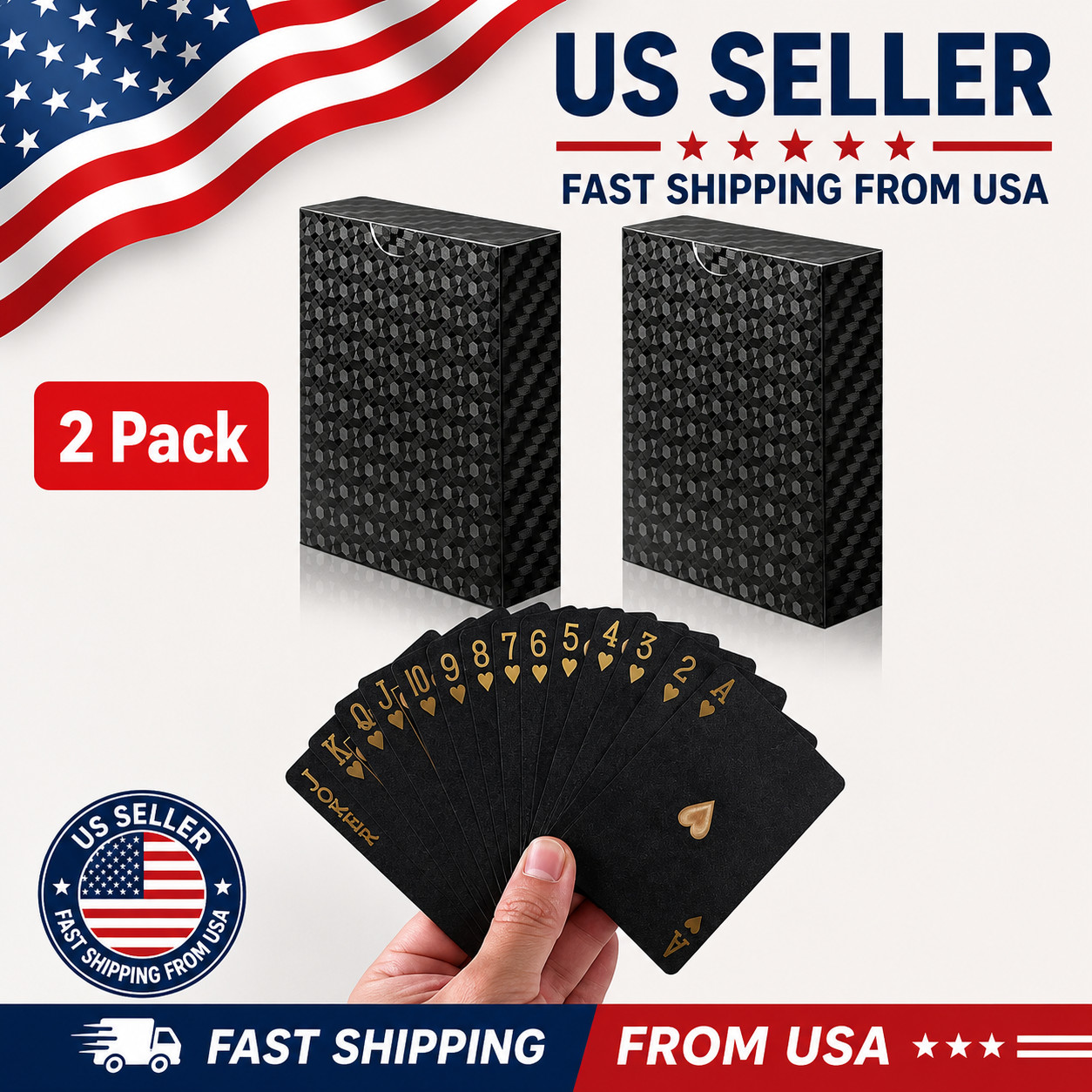 2 Pack Waterproof Plastic Playing Cards Black PVC Poker Decks Travel Camping