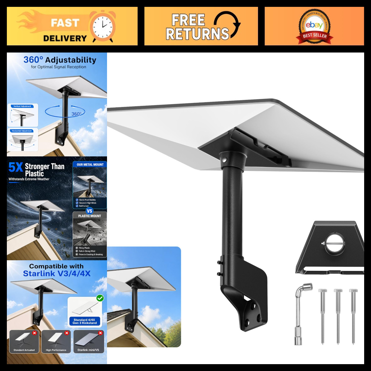 Standard 4/4X Mount for Starlink, 360° Adjustable Gen 3 Dish Wall Mount with Alu