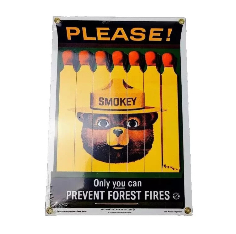 Ande Rooney Smokey Bear Large Sign Porcelain Enamel Metal Forest Fires Vtg New