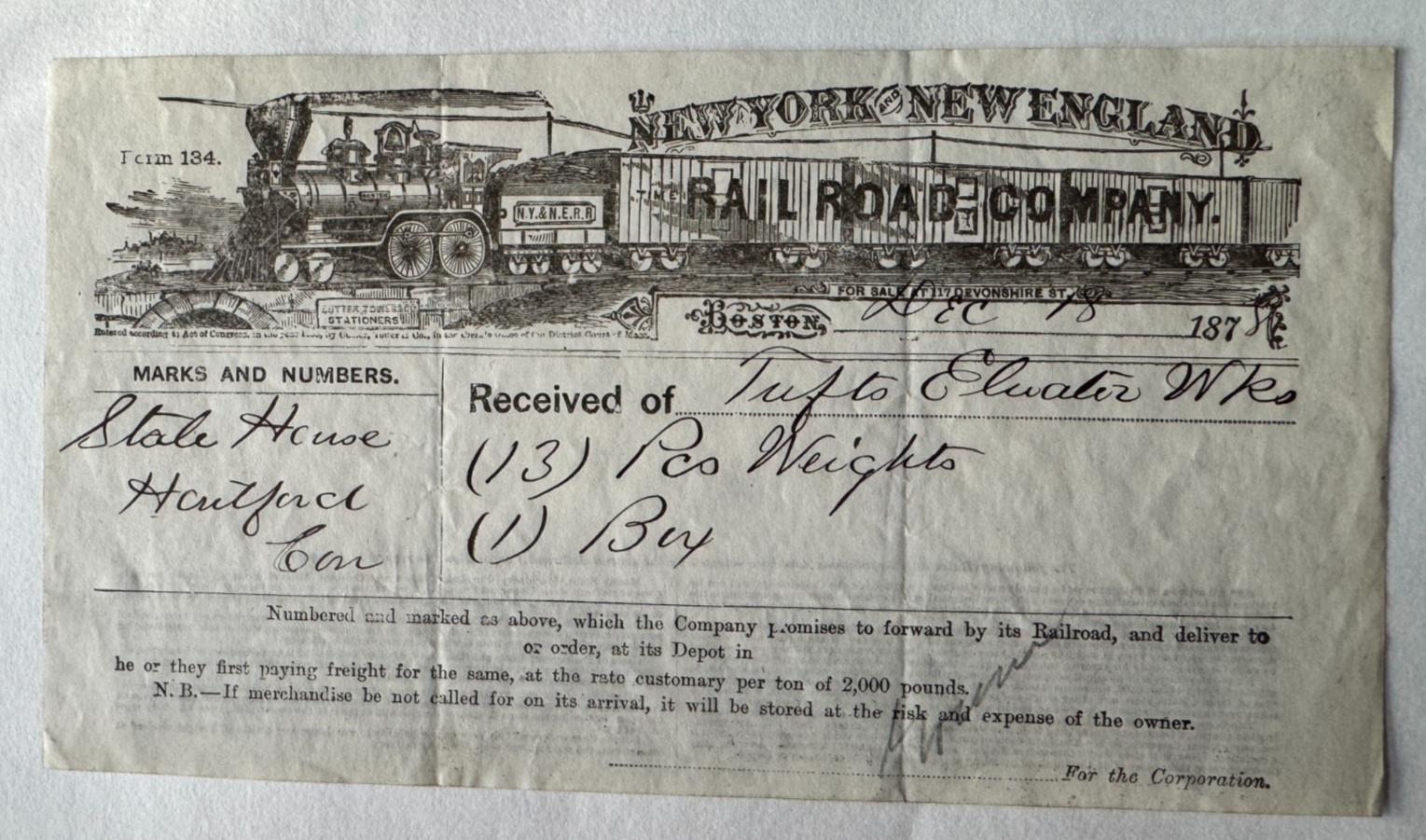 Vintage 1878 New York and New England Railroad Company Freight Receipt vignette