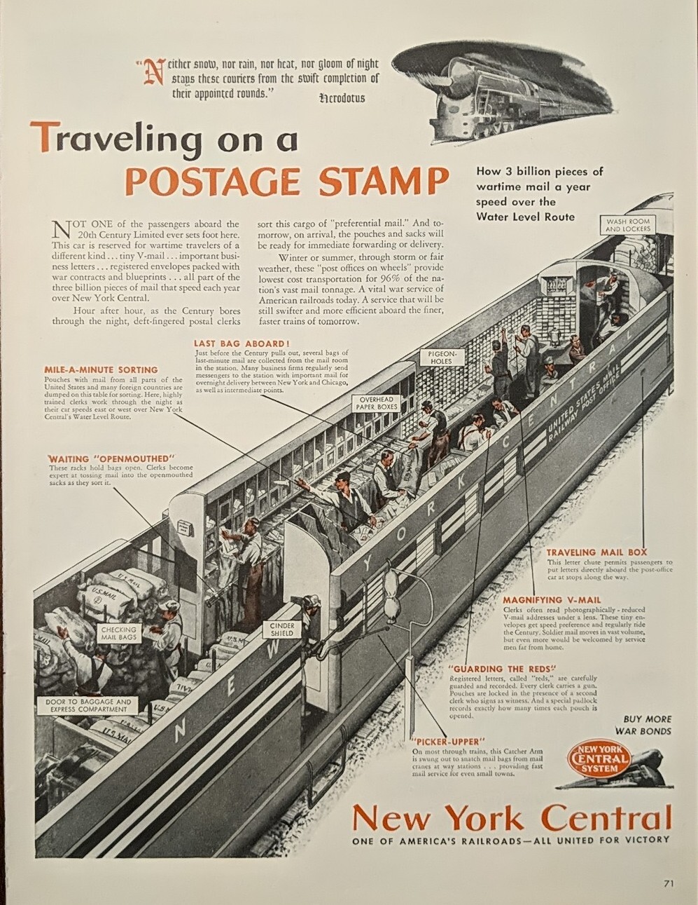 1944 vintage New York Central print ad.  Mail Delivery WW2 Delivery 
