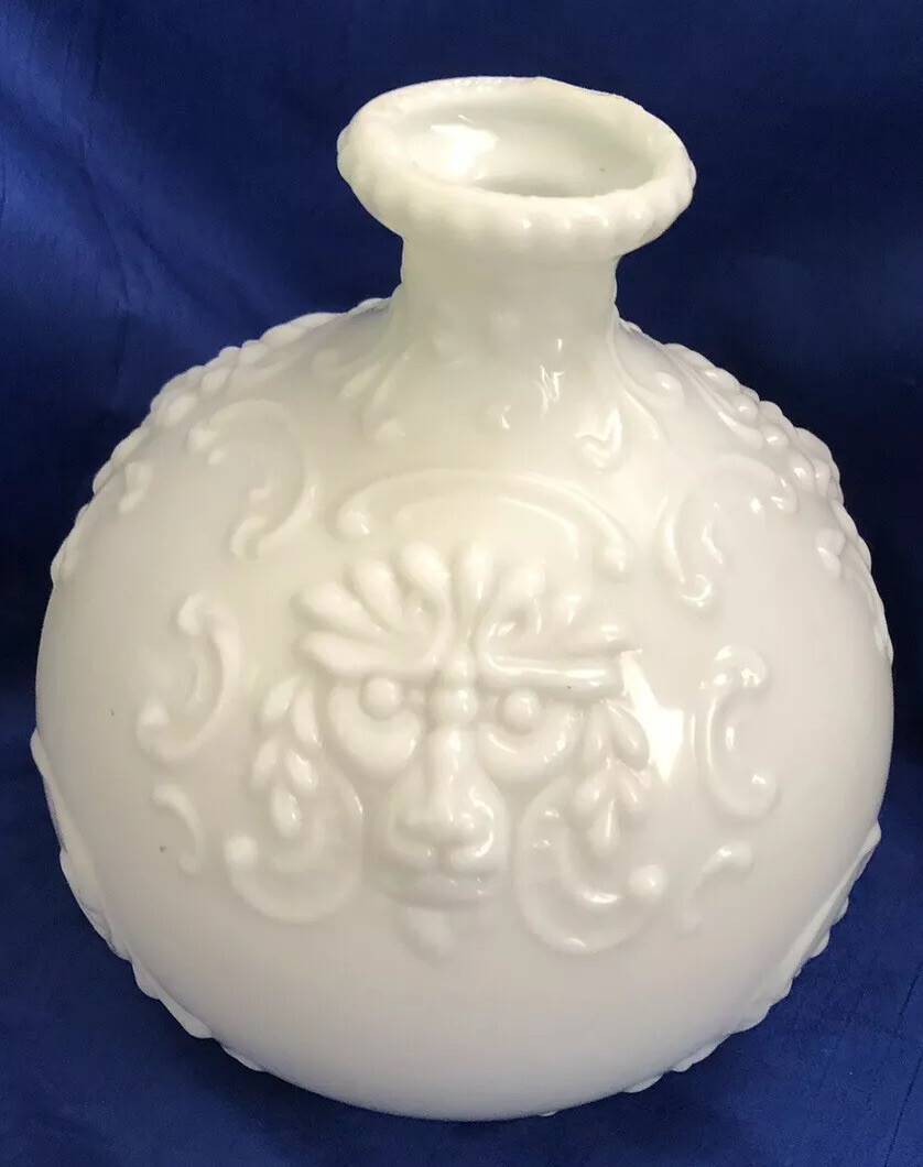 Antique/VTG Milk Glass Decanter Lions Head Face Vase Bottle Unique Art Nouveau