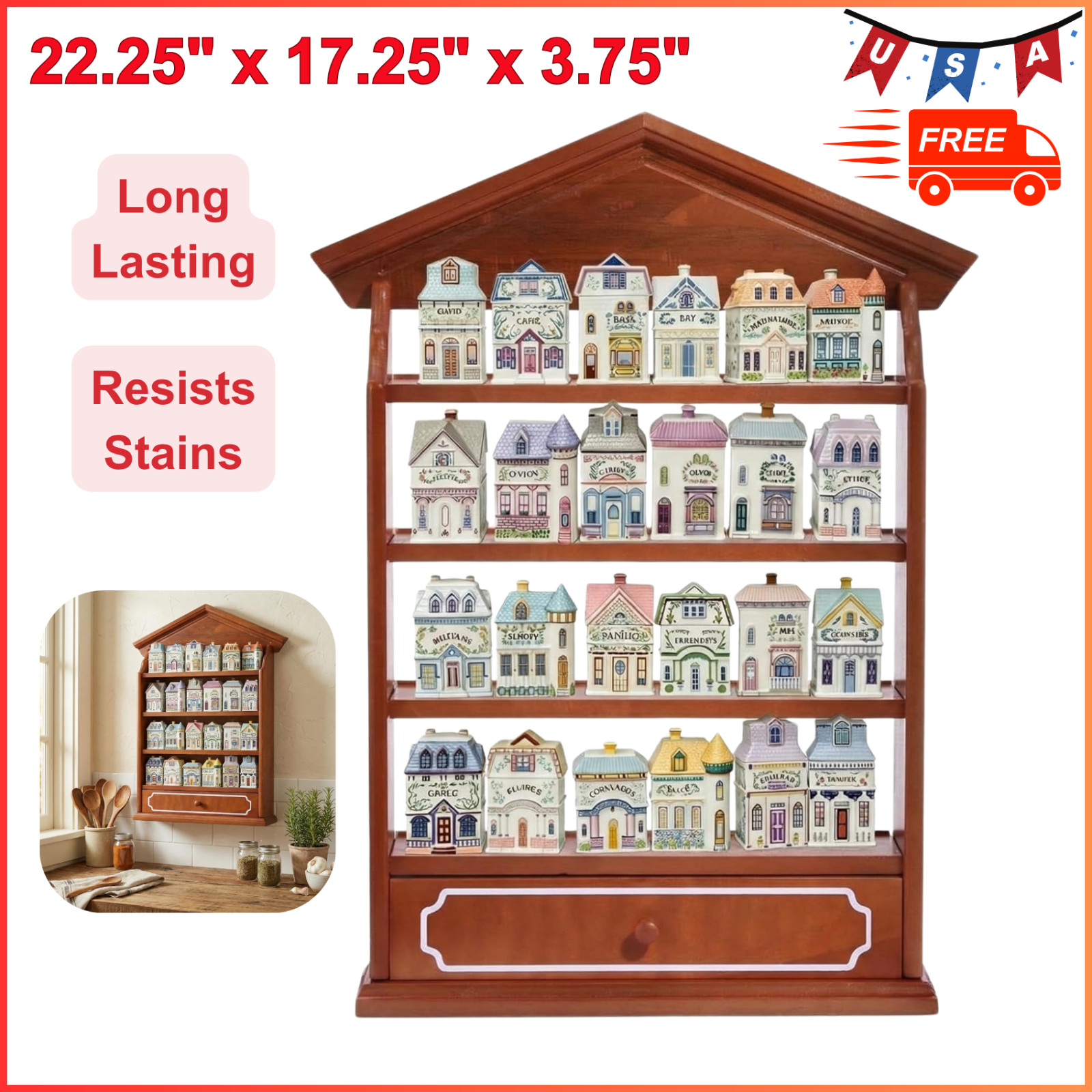 Vintage Spice Village Wooden Rack, Wall-Mounted Kitchen Display Shelf For 24 Jar Vintage Spice Village Wooden Rack, Wall-Mounted Kitchen Display Shelf For 24 Jar