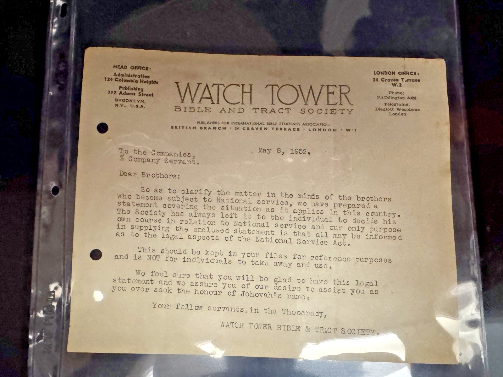 WATCHTOWER NATIONAL SERVICE LETTER 1952 LONDON WATCHTOWER NATIONAL SERVICE LETTER 1952 LONDON