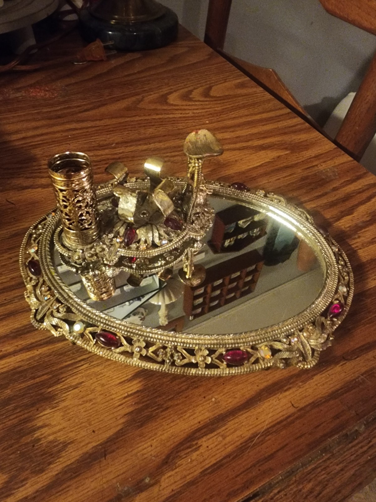 Vintage Sam Fink Gold Filigree Red Jewel Encrusted Mirrored 2 Pc Vanity Set Rare