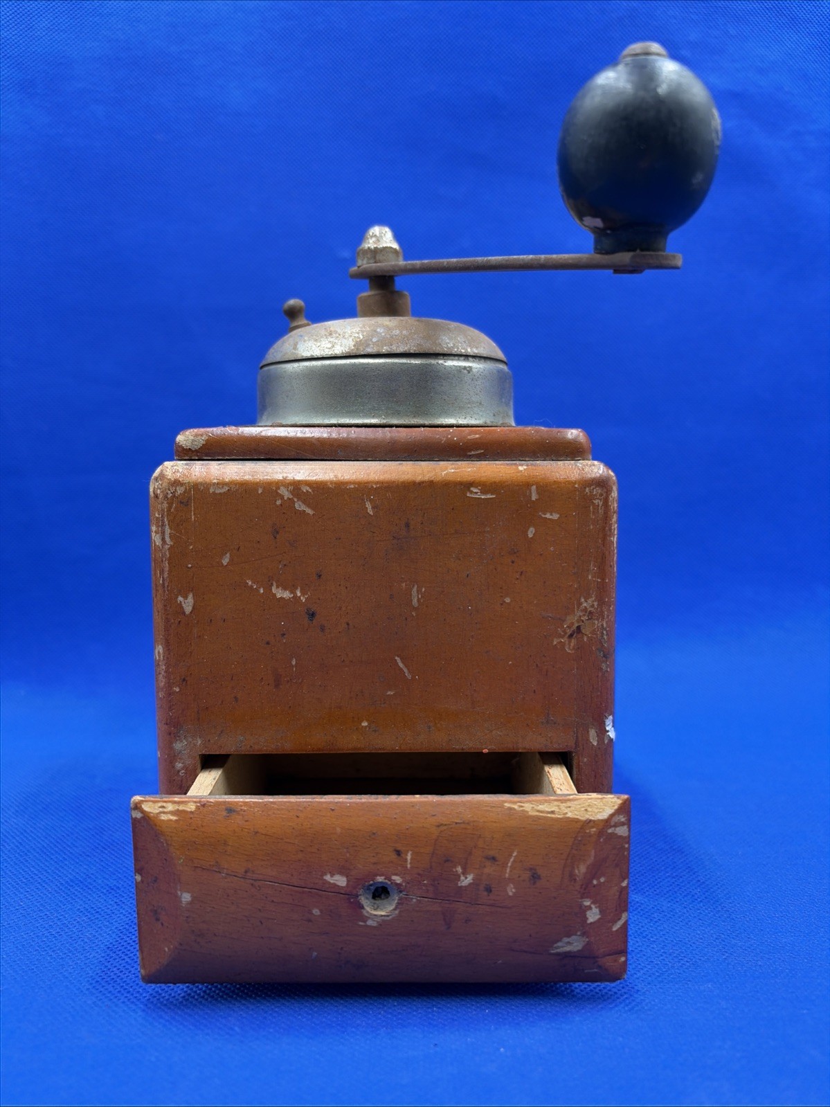 Antique Wooden Coffee Grinder Dovetail Drawer Hand Crank Box Mill  *Read