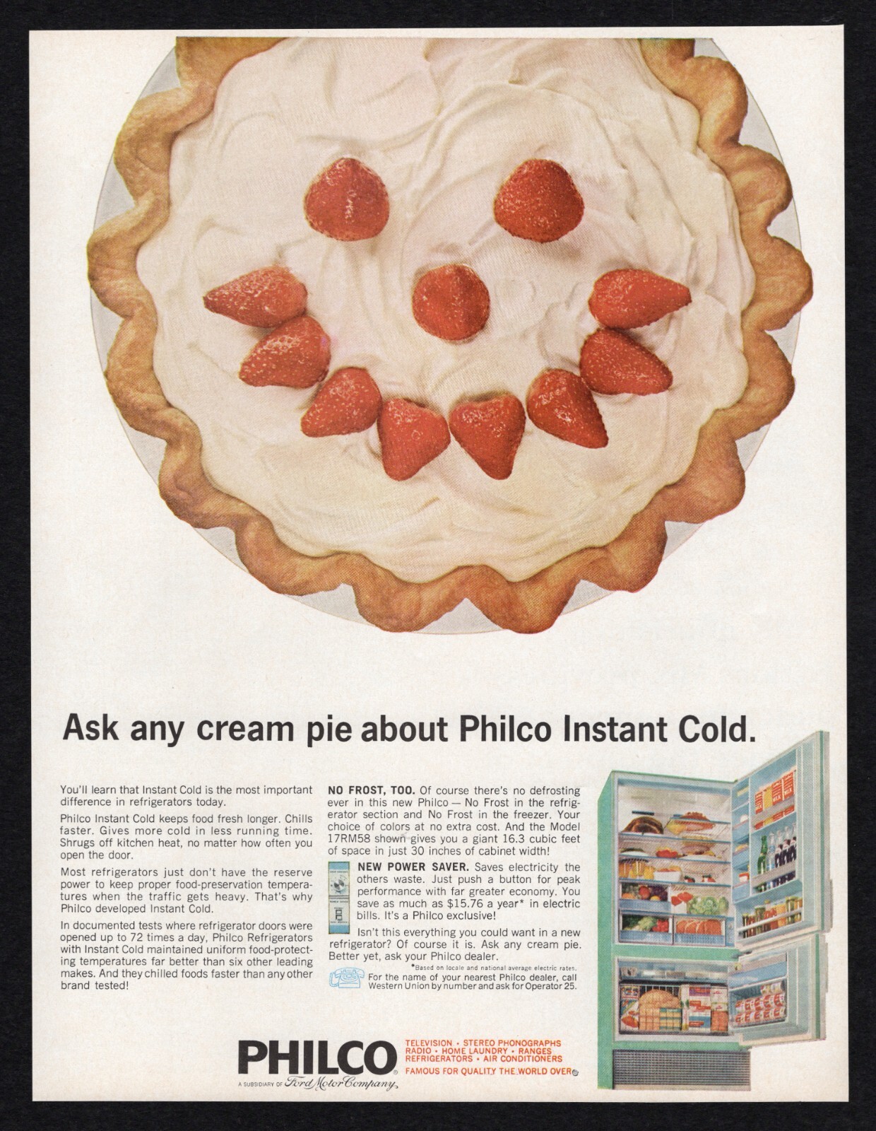 1965 Philco Ford Ask Cream Pie Instant Cold Chilled Faster Power Saver Print Ad
