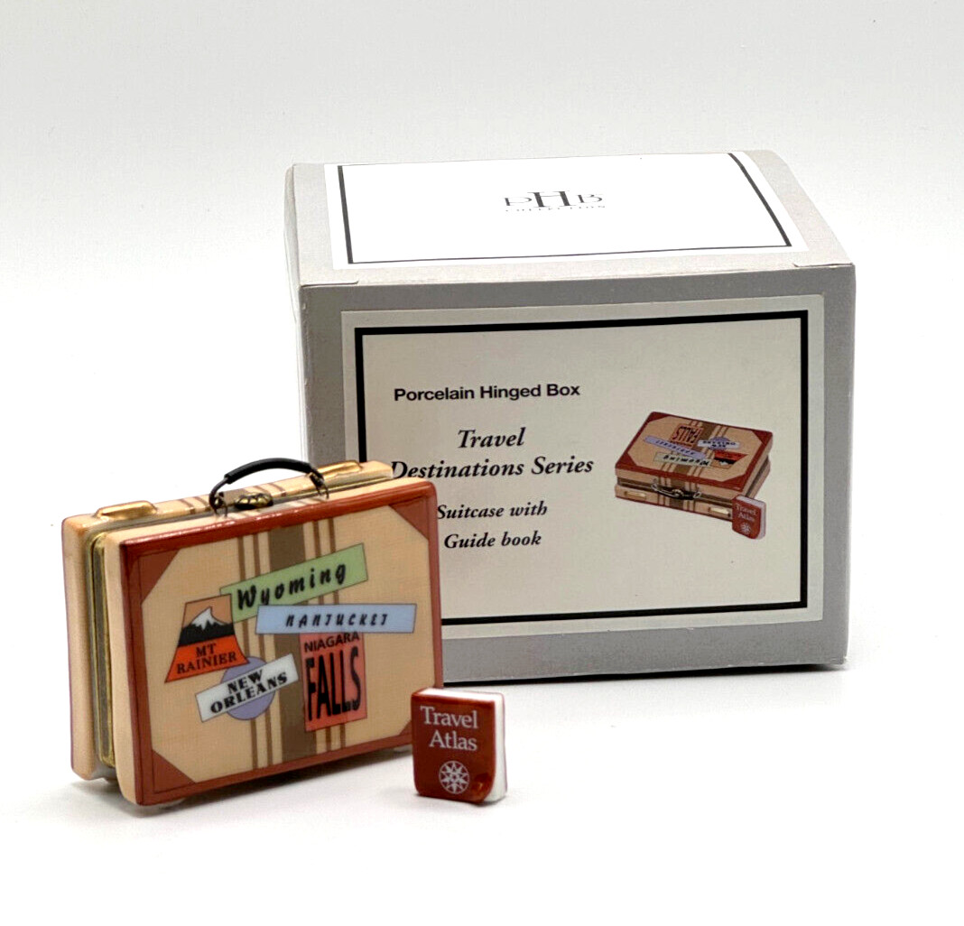 PHB Porcelain Hinged Box Suitcase With Guide Book Travel Atlas Trinket  ~ New