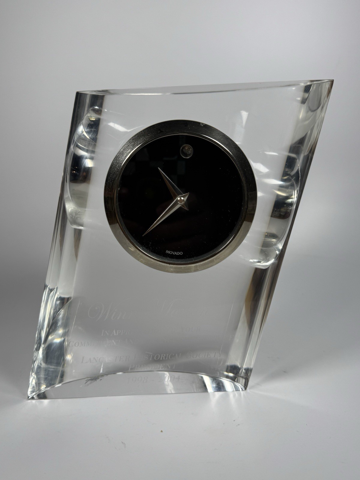 Movado Museum Crystal Desk Clock Working Engraved Award Paperweight 7.5”