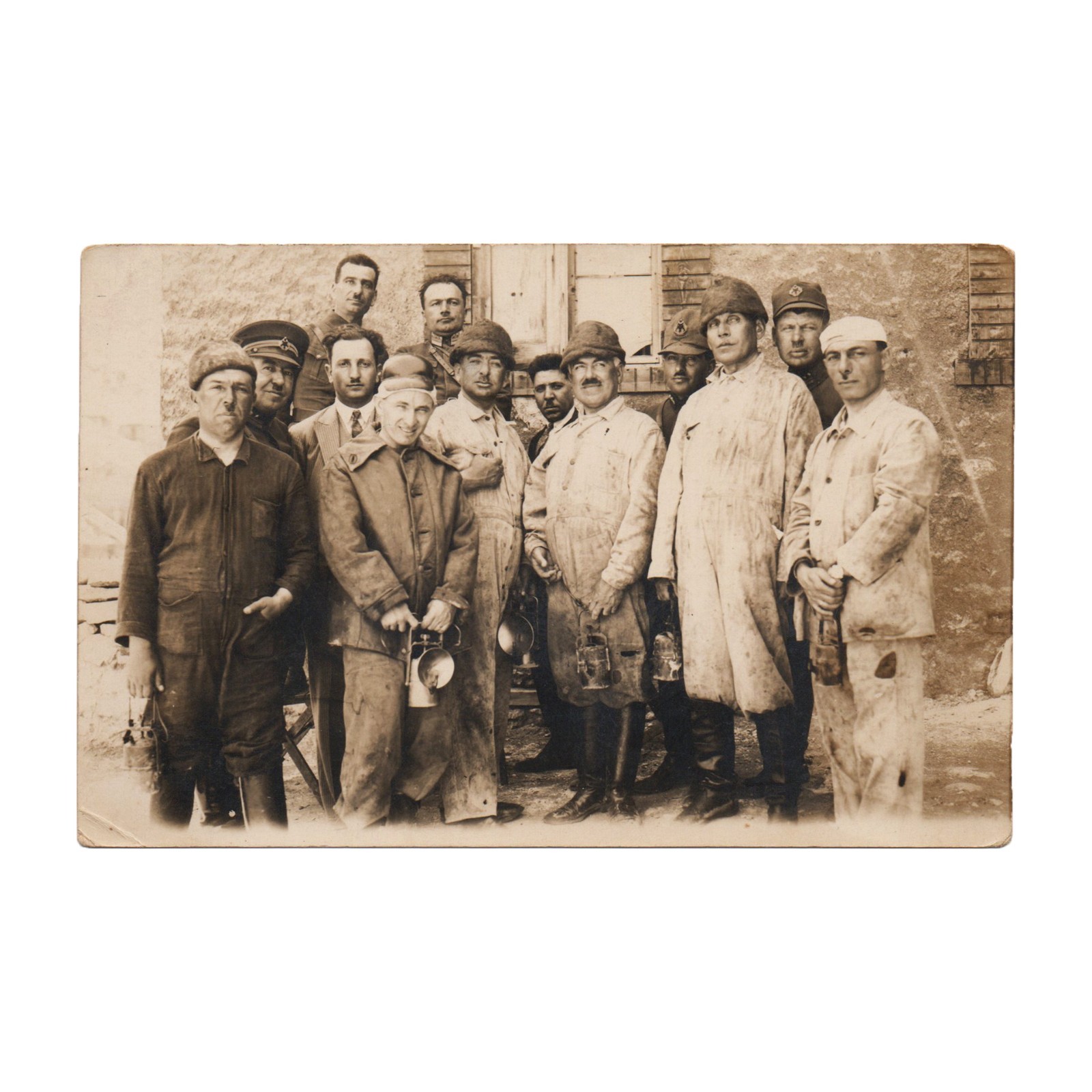Antique Sepia Ottoman Empire era Photo Men Carbide Miners Lamps Uniforms 1900s
