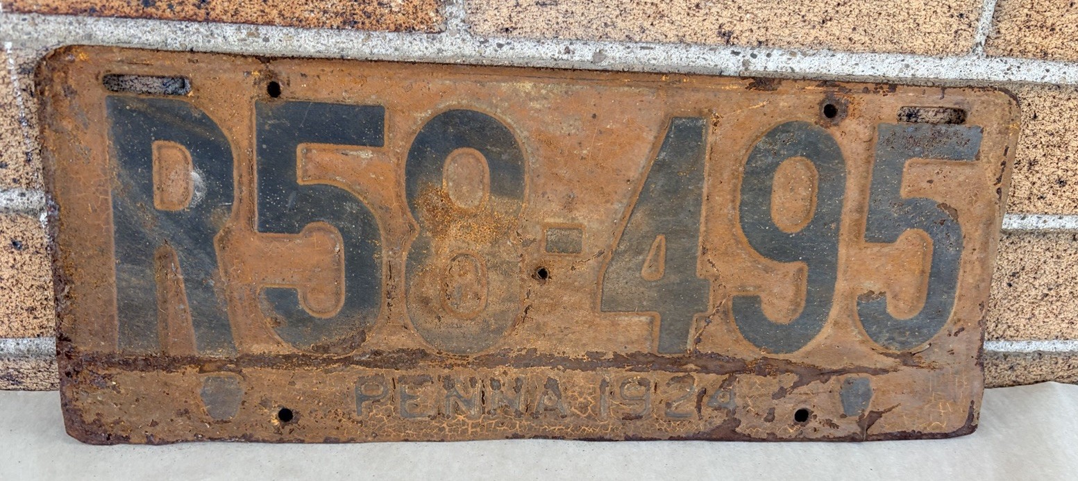 Vtg 1924 Pennsylvania Pa Penna License Plate R58495 Man Cave Ford Chevrolet