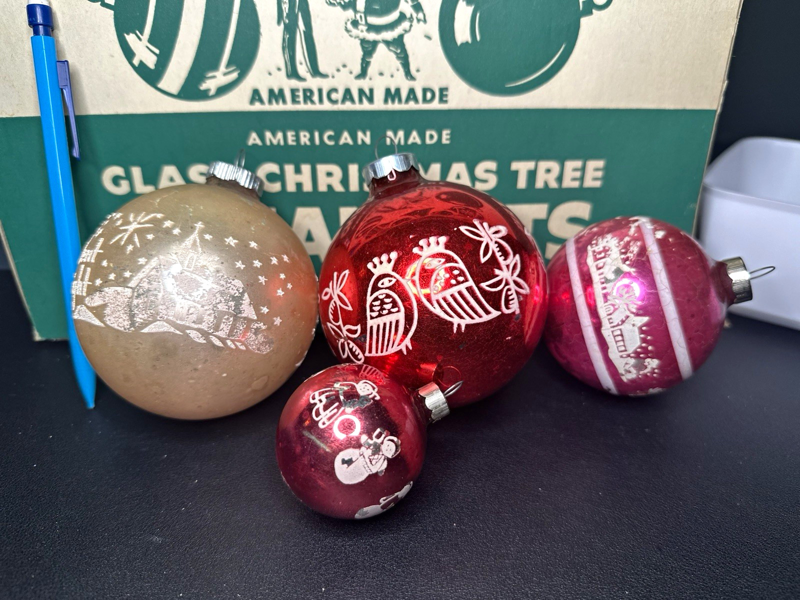 Lot of 4 Vintage Stencil Christmas Ornaments