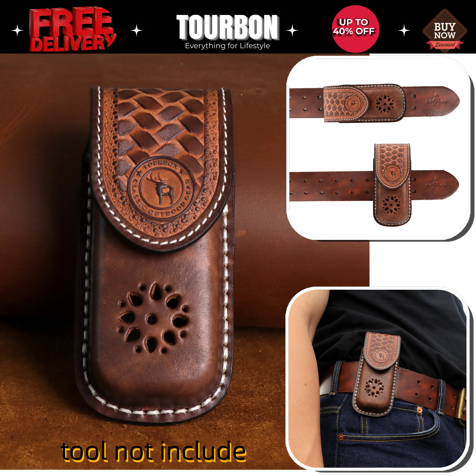 TOURBON Leather Pocket Knife Sheath Folding  Knives Case Belt Pouch fit BUCK 112