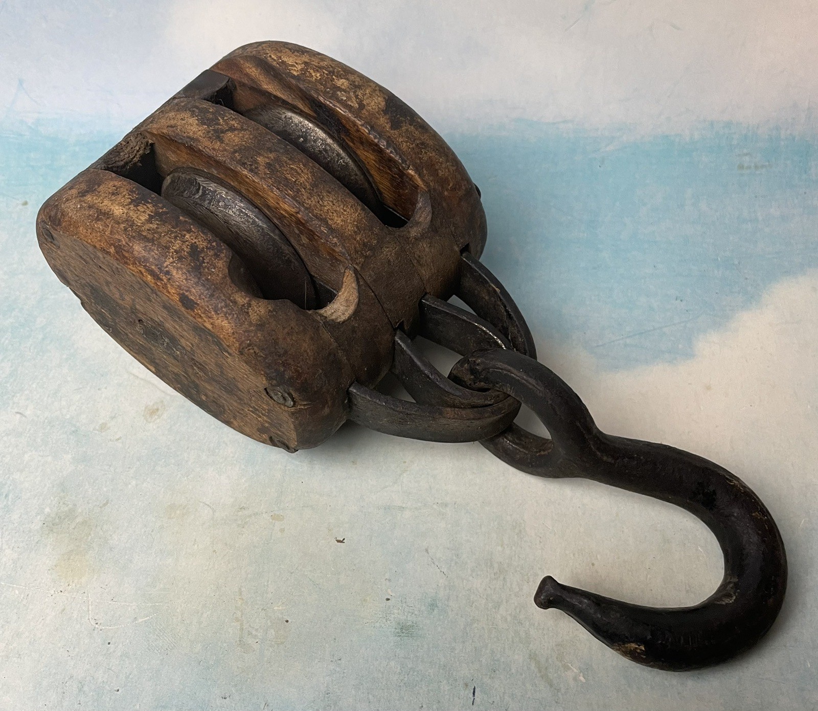 Vintage Wood Double Pulley Block & Tackle w/ Metal Hook Wooden Antique Barn Farm