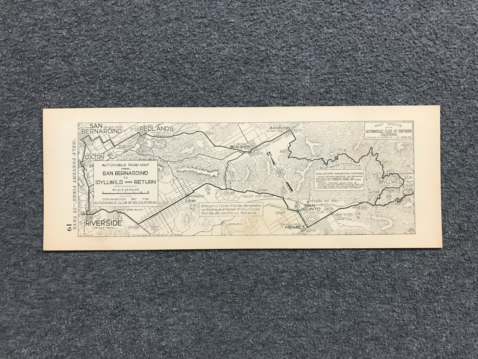 1910s AAA SoCal Strip Road Map San Bernardino to Idyllwild CA Auto Club #19