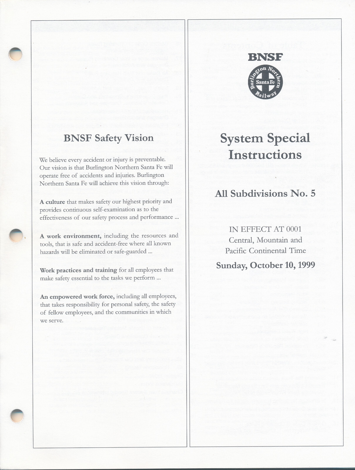 BNSF BURLINGTON NORTHERN SANTA FE SYSTEM SPECIAL INSTRUCTIONS #5 10/10/99 NEW  