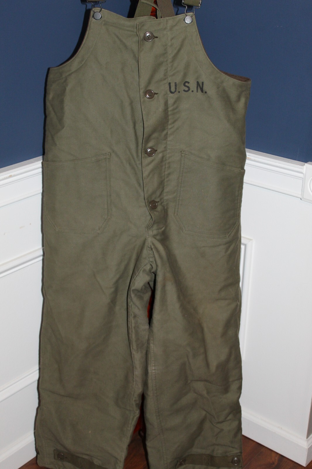 Minty Original WW2 U.S. Navy Cold Weather Overhauls (Bib) w/Suspenders, Lg Small
