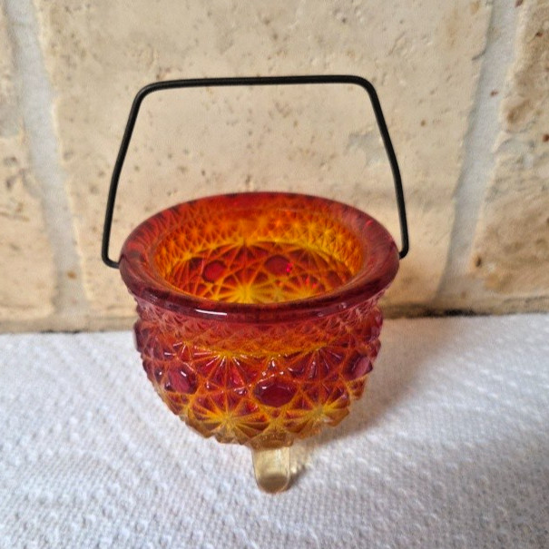 Vintage LE Smith Amberina Cadmium Glass 3 Toed Daisy & Button Cauldron