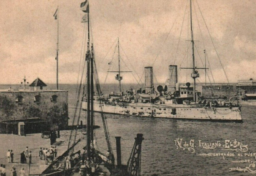 Italian Navy Cruiser Elba Entering Port w/ Spectators - c1910s Art Italian Navy Cruiser Elba Entering Port w/ Spectators - c1910s Art