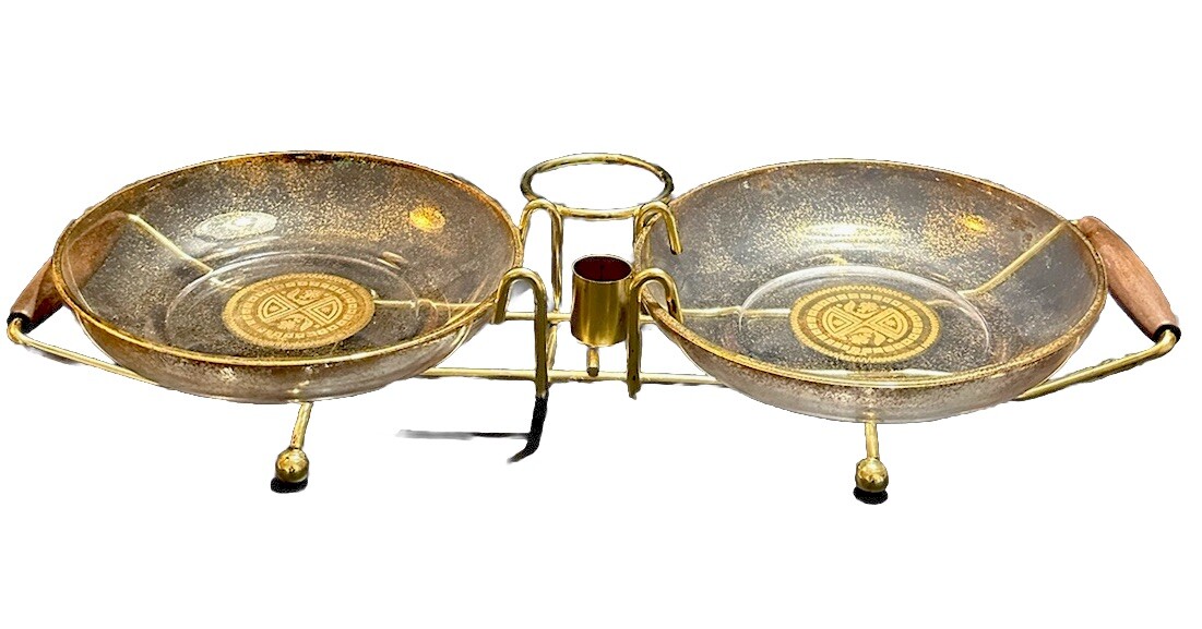 VINTAGE CULVER 3 PC GLASS SNACK BOWL SET W/CADDY RETRO MOD GOLD MCM W/ BOX