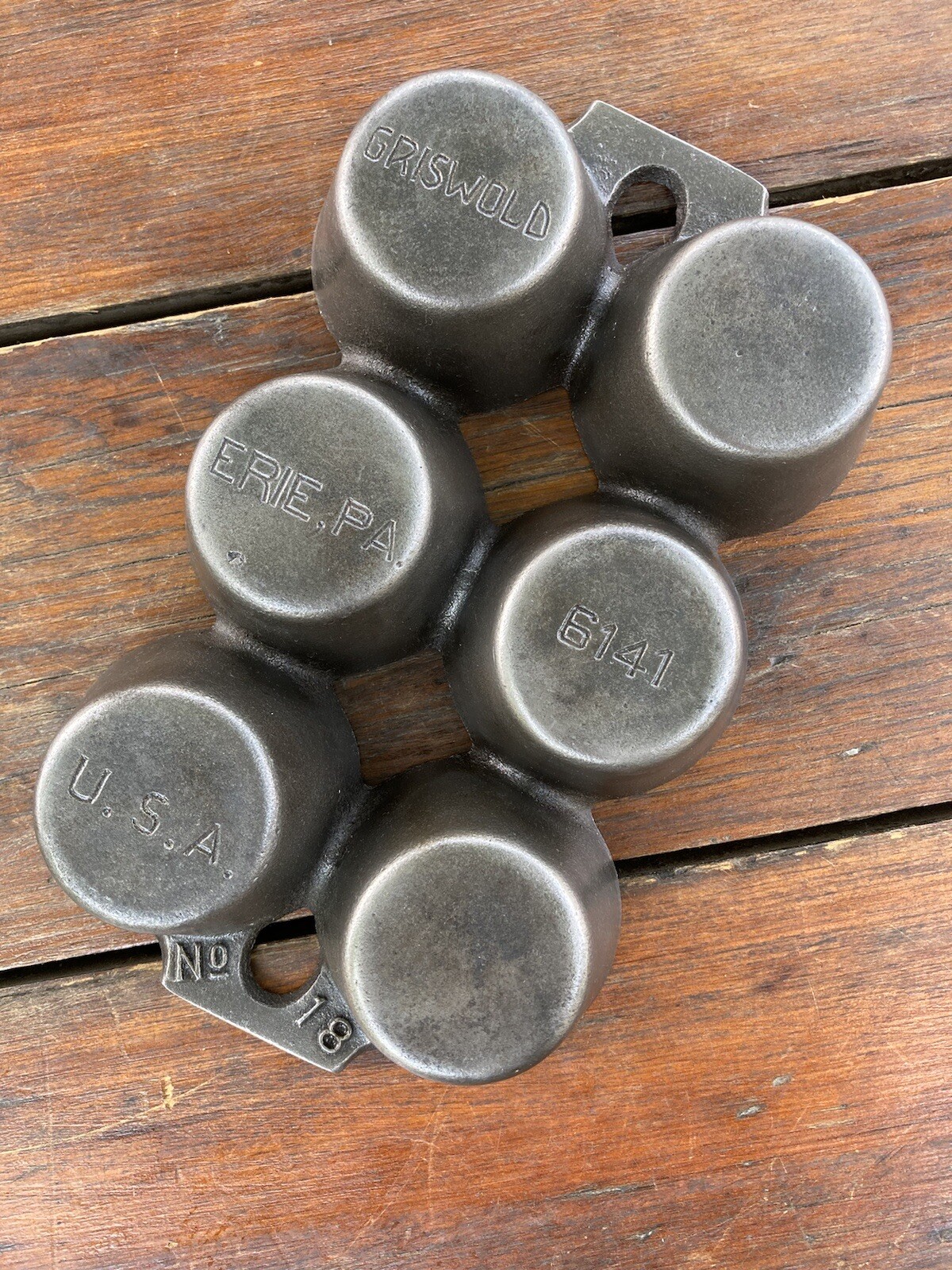 Griswold Cast Iron 6 Cup Muffin Pan. HTF Variation with Raised Numbers 