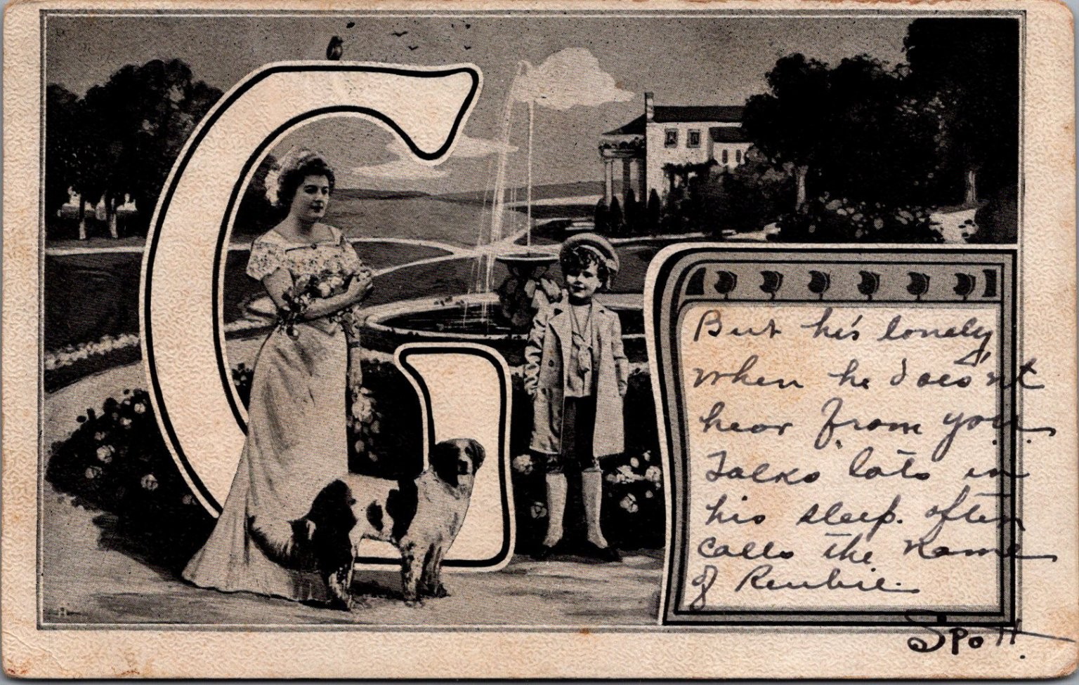 Vintage Letter G Postcard Boy Woman Dogs Fountain Sentimental Poem 1910s Alabama