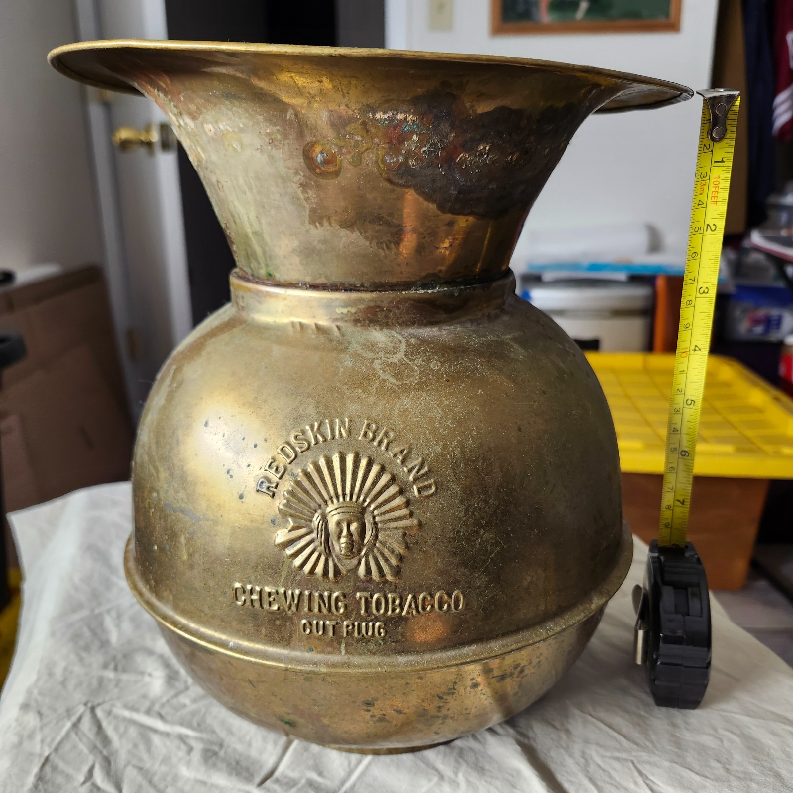Antique Solid Brass Redskin Chewing Tobacco Double sided Heavy Base-Cuspidor 