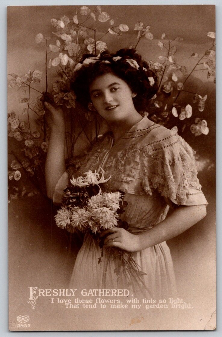 vintage beautiful woman portrait w/Freshly Gathered flowers photo RPPC postcard