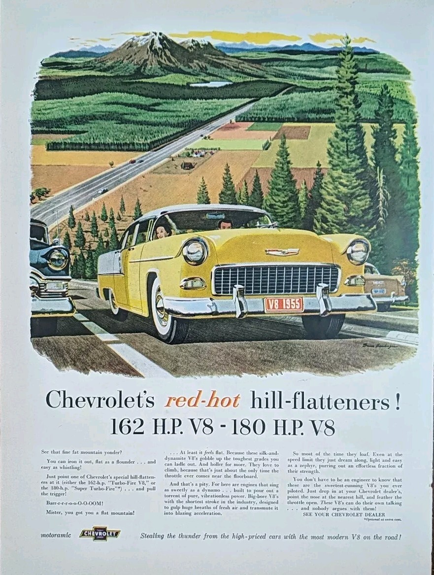 1955 Vintage Chevrolet Print Ad. Yellow Sedan.